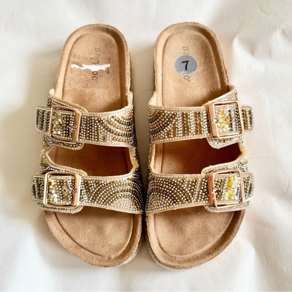 BAMBOO Champagne Gold Brake Women's sz 7 Espadrille Beaded Double Buckle Sandals